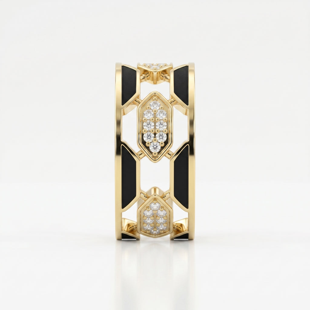 Geometric Cluster Design with Black Enamel Diamond Band