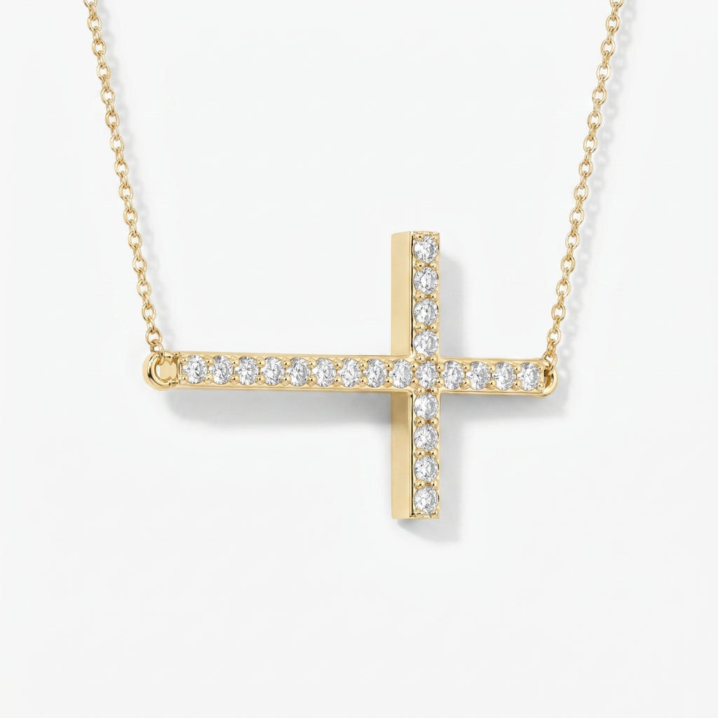 Side Way Cross Round Diamond Necklace