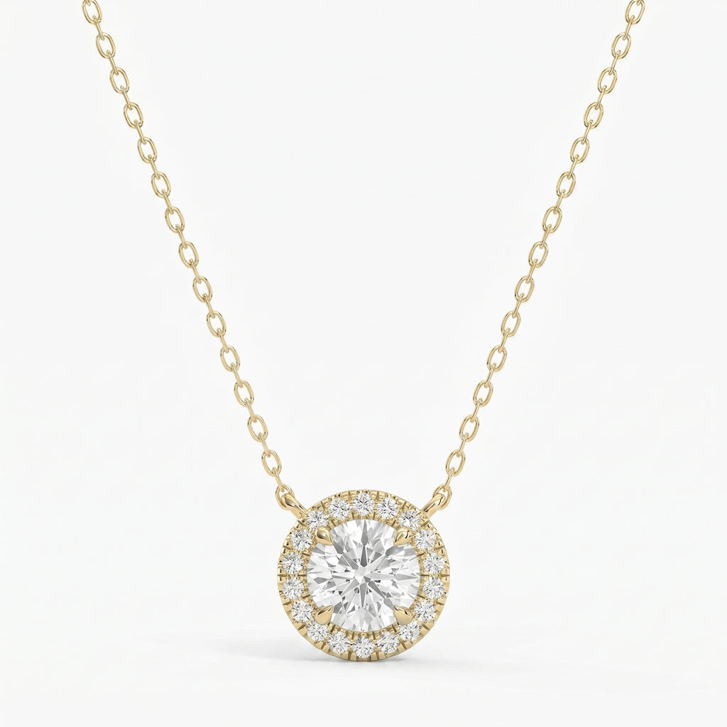 Round Shape Diamond and Side Stone Halo Design Necklace