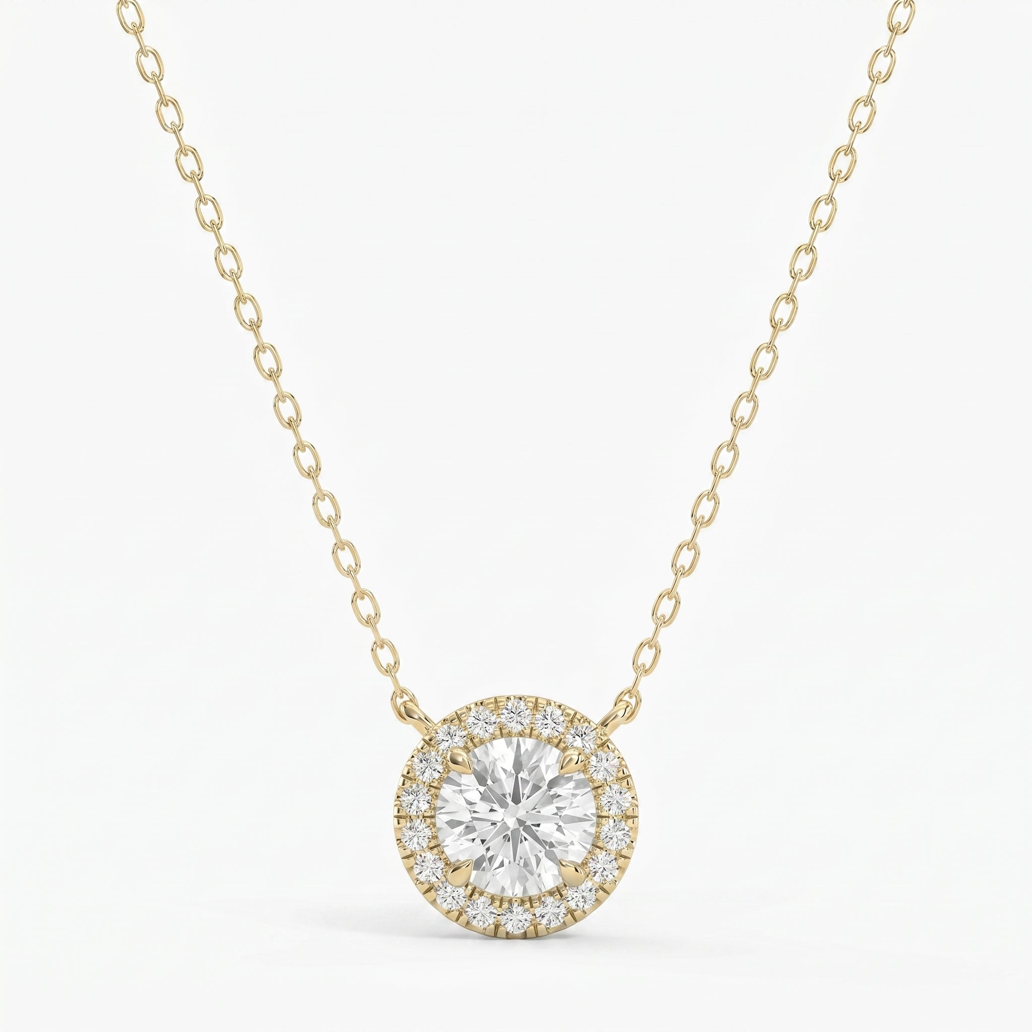 Round Shape Diamond and Side Stone Halo Design Necklace