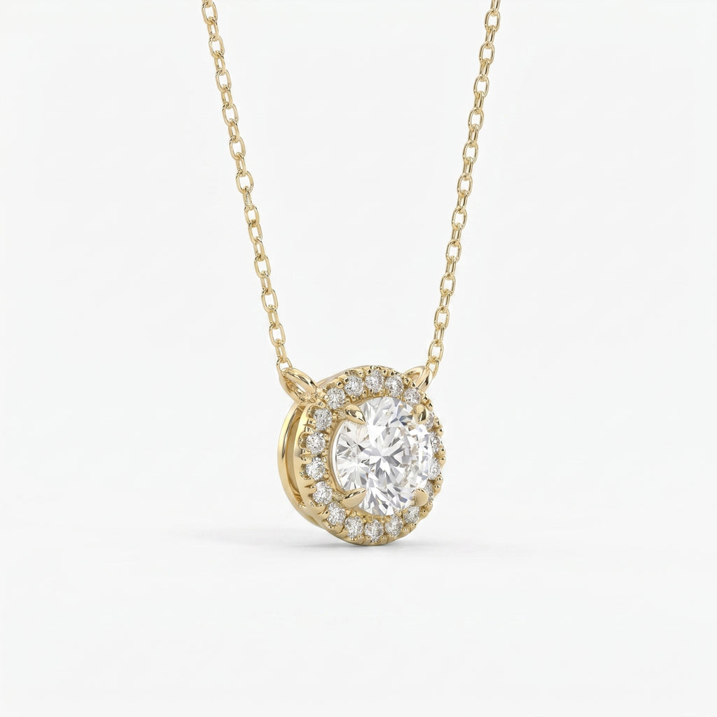 Round Shape Diamond and Side Stone Halo Design Necklace