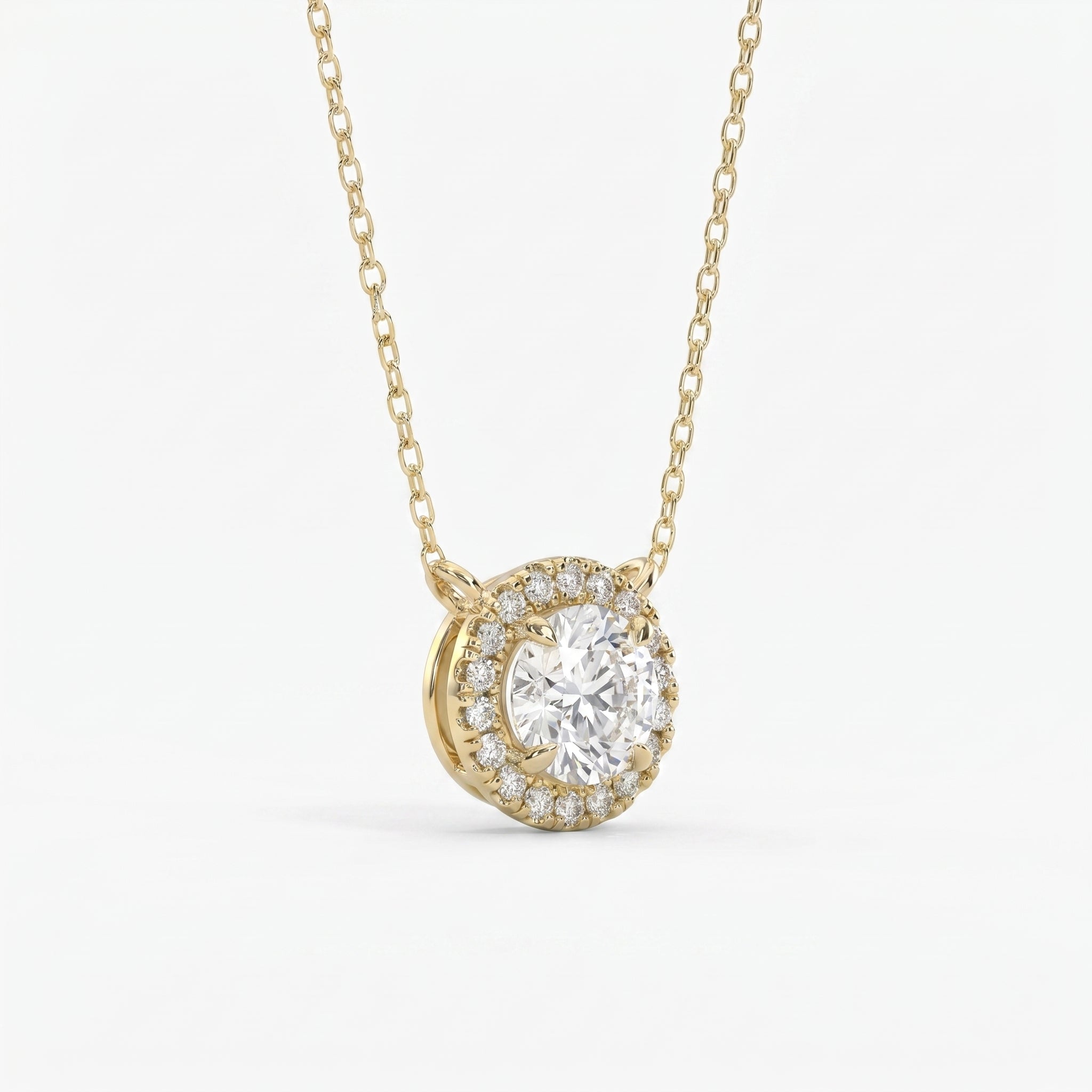 Round Shape Diamond and Side Stone Halo Design Necklace