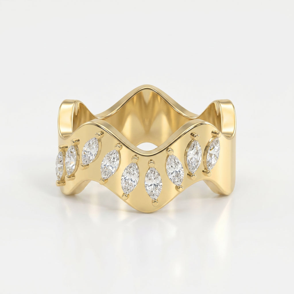 Curved Diamond Band with Marquise Cut Uniqe Statement Band
