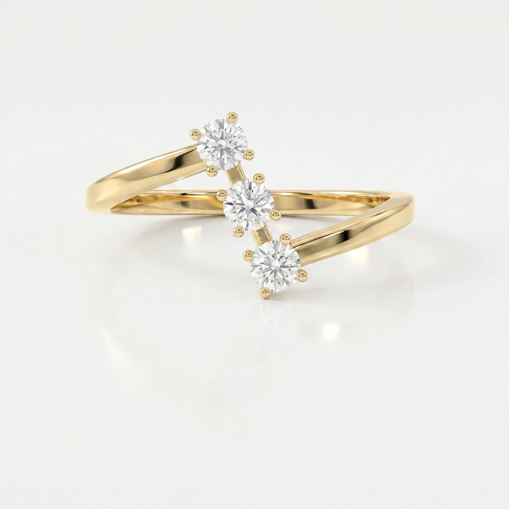 Modern Split Shank Three Stone Round Diamond Curved Ring