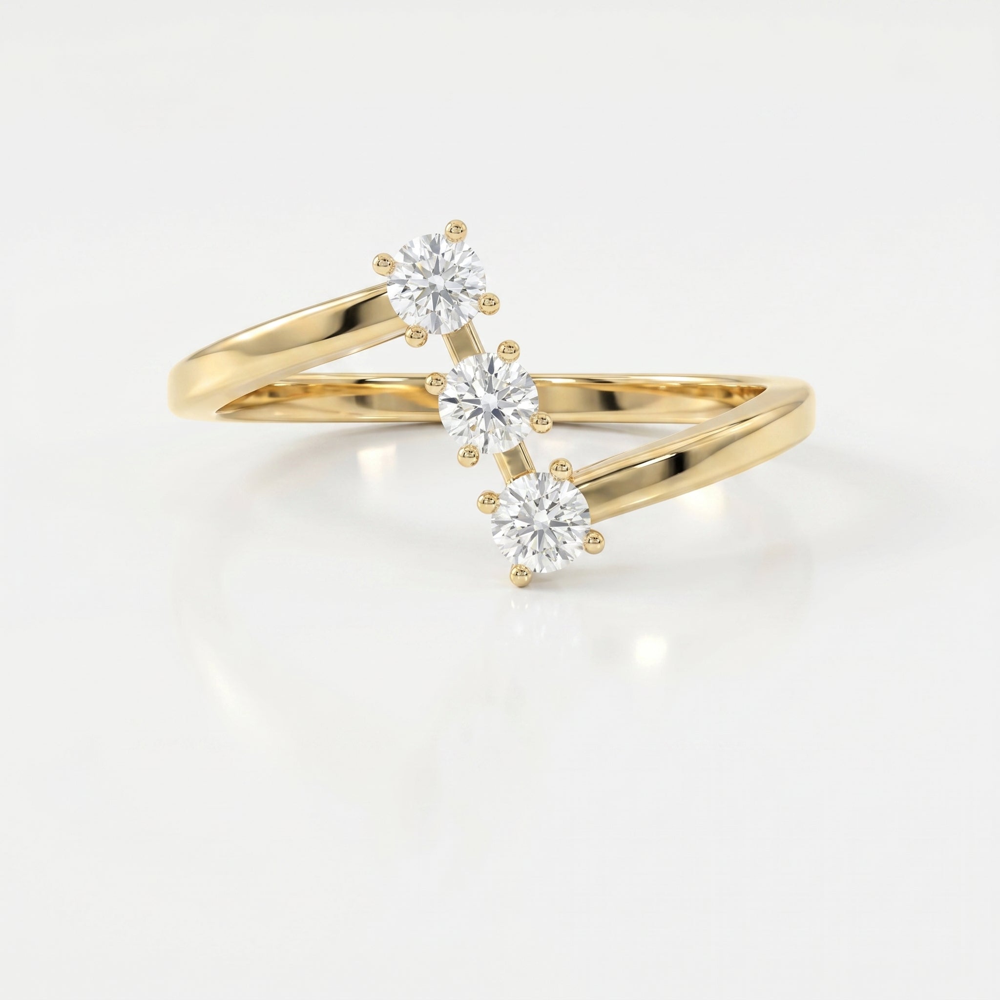 Modern Split Shank Three Stone Round Diamond Curved Ring