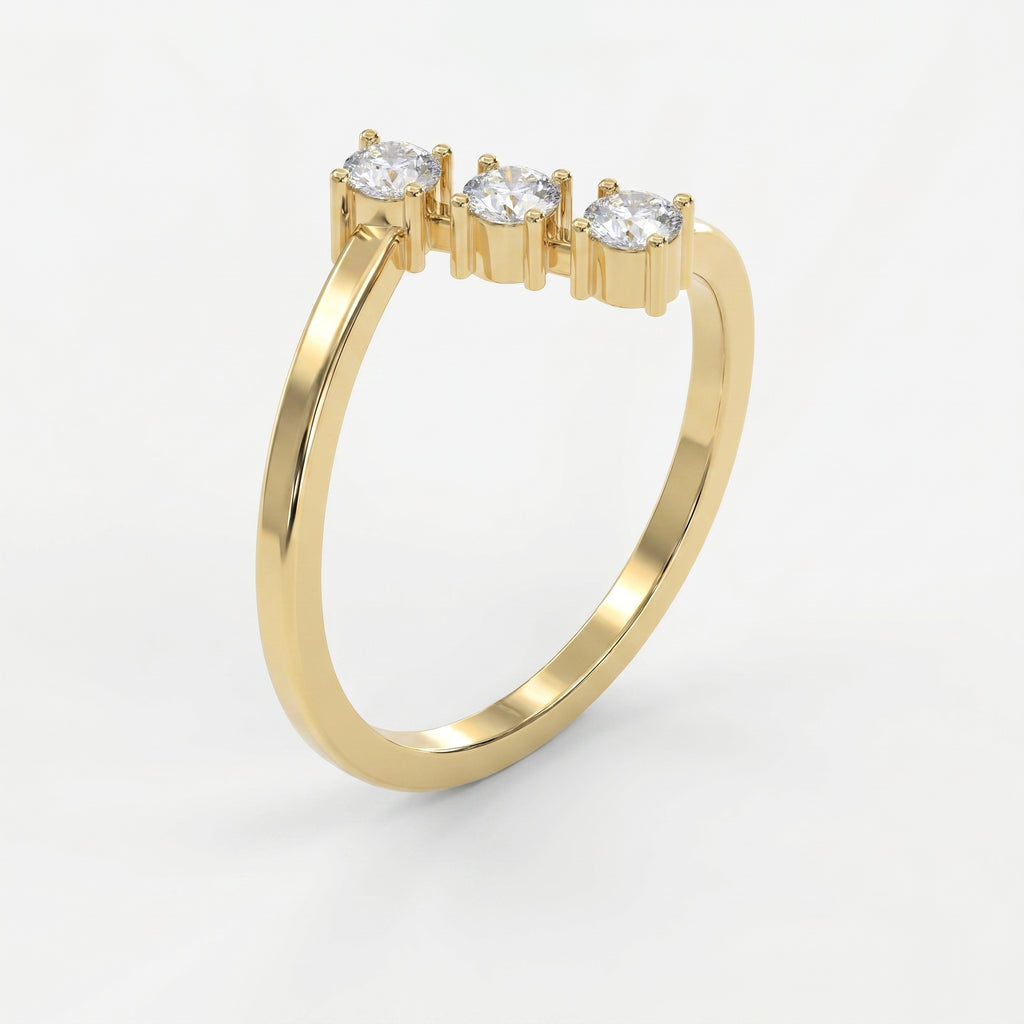 Modern Split Shank Three Stone Round Diamond Curved Ring