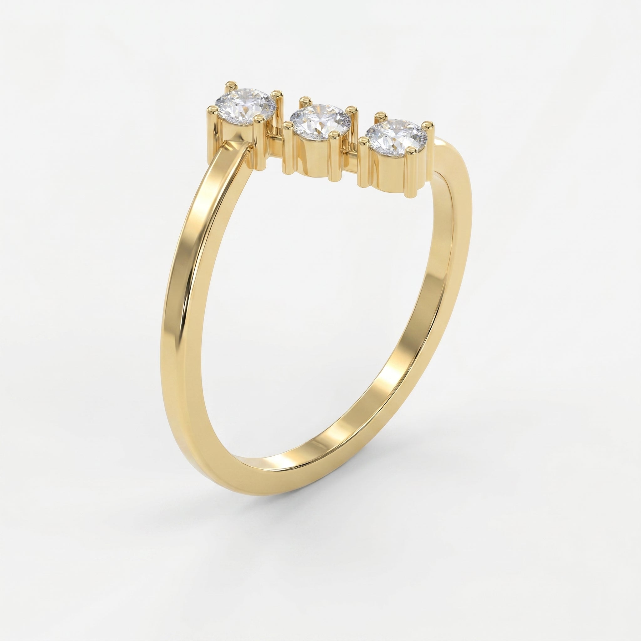 Modern Split Shank Three Stone Round Diamond Curved Ring