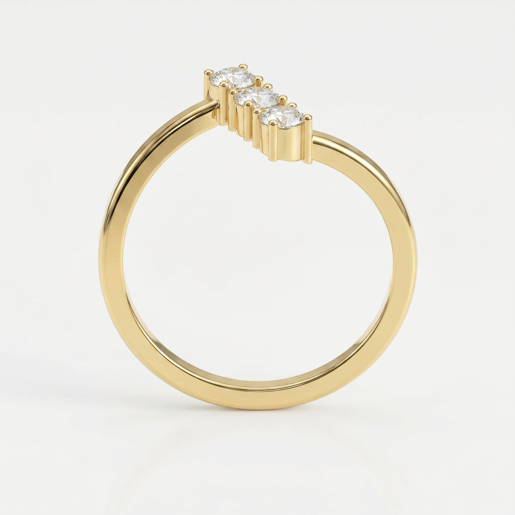 Modern Split Shank Three Stone Round Diamond Curved Ring