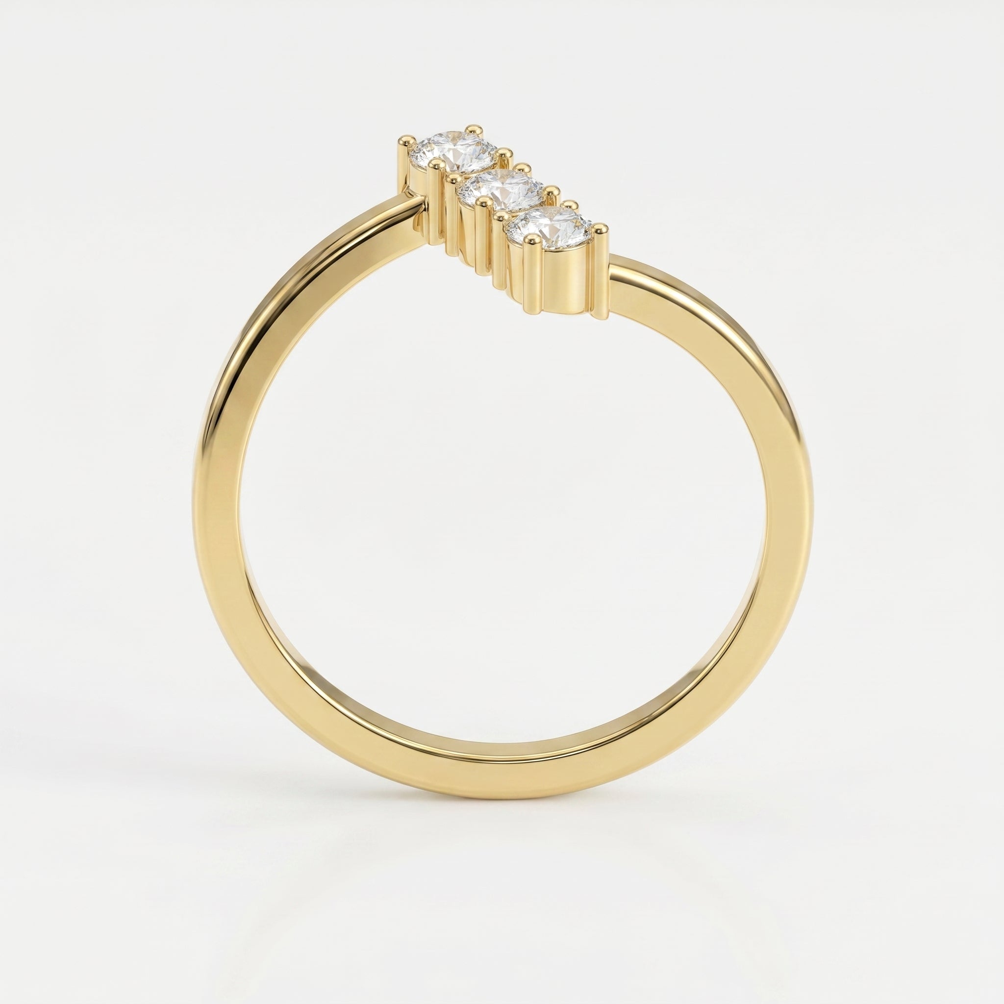 Modern Split Shank Three Stone Round Diamond Curved Ring