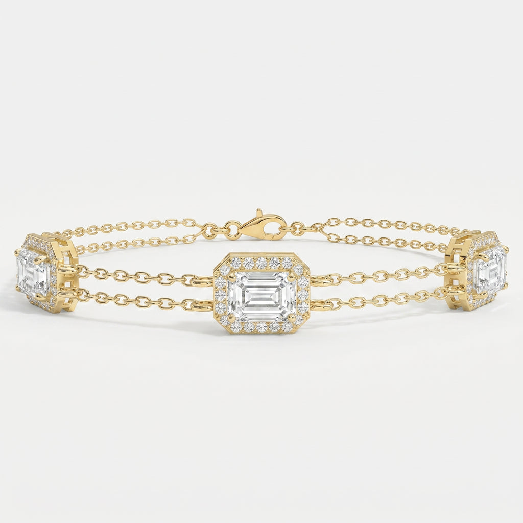 Emerald Cut Halo Diamond Double Chain Design Bracelet
