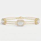 Emerald Cut Halo Diamond Double Chain Design Bracelet