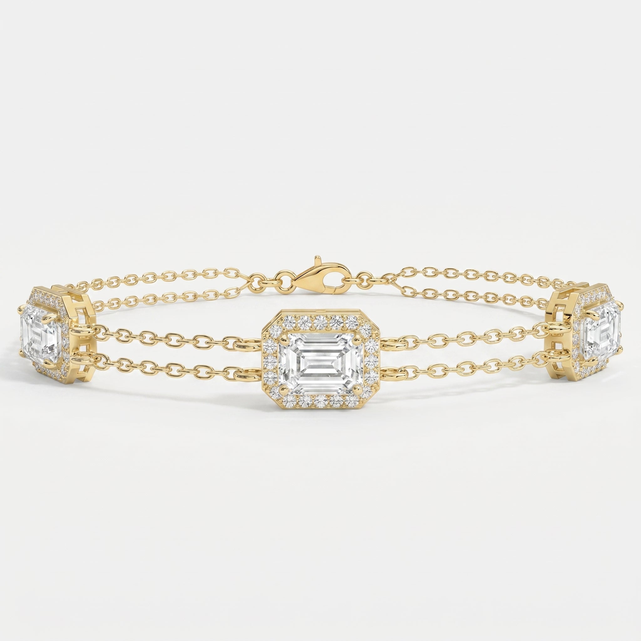 Emerald Cut Halo Diamond Double Chain Design Bracelet