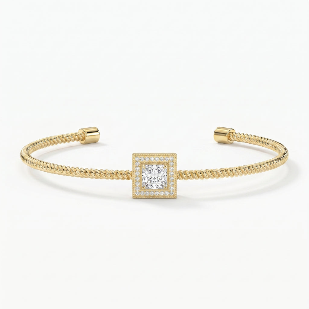 Luxury Cuff Bracelet with Square Halo Princess Centerpiece