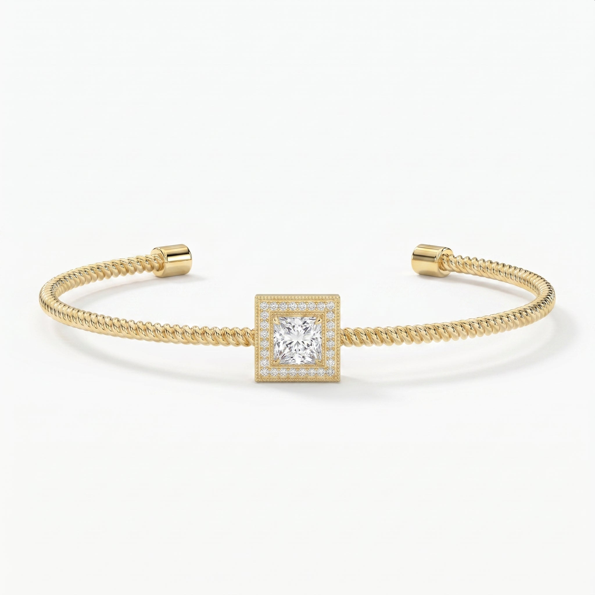 Luxury Cuff Bracelet with Square Halo Princess Centerpiece