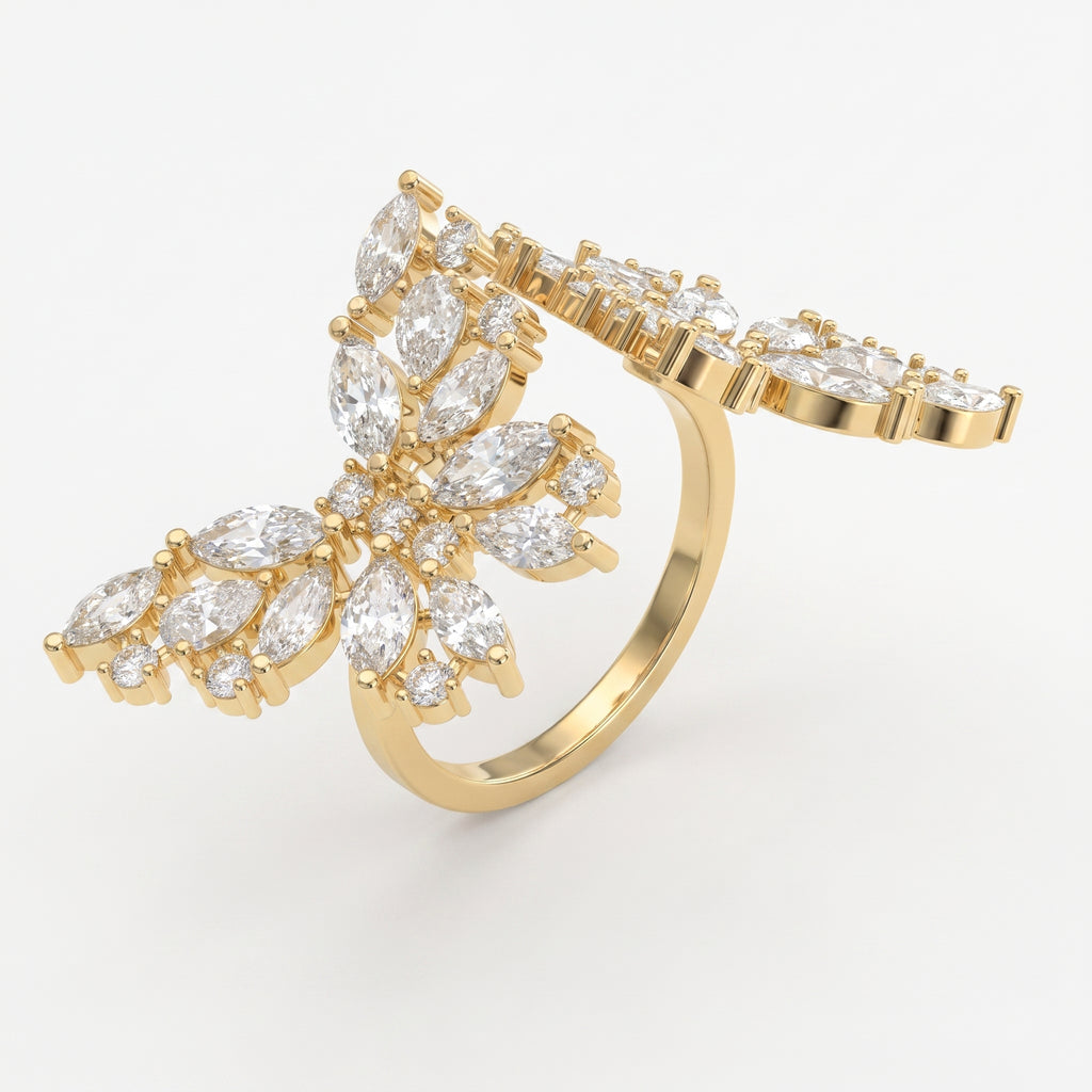 Double Floral Statement Cocktail Butterfly Style Fashion Ring