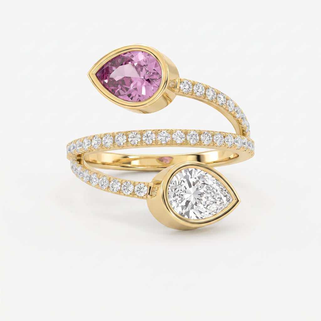 Elegant Wrap Style Dual Pear Shape Diamond Ring with Pink Gemstone