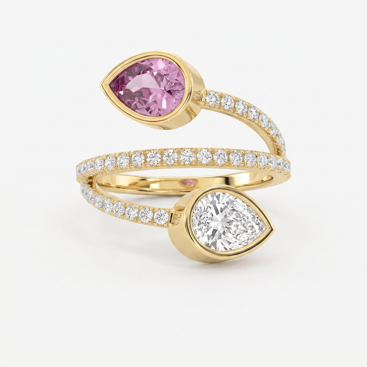 Elegant Wrap Style Dual Pear Shape Diamond Ring with Pink Gemstone