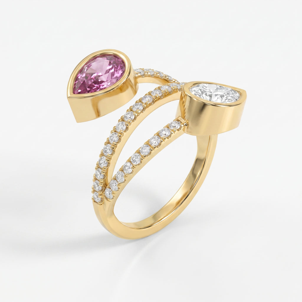 Elegant Wrap Style Dual Pear Shape Diamond Ring with Pink Gemstone