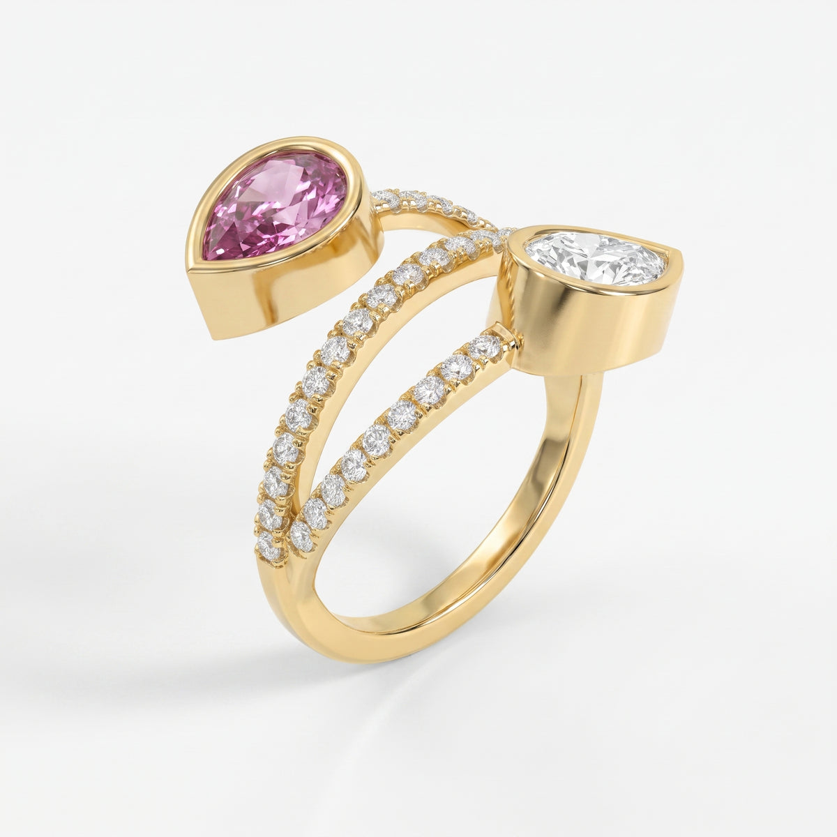 Elegant Wrap Style Dual Pear Shape Diamond Ring with Pink Gemstone
