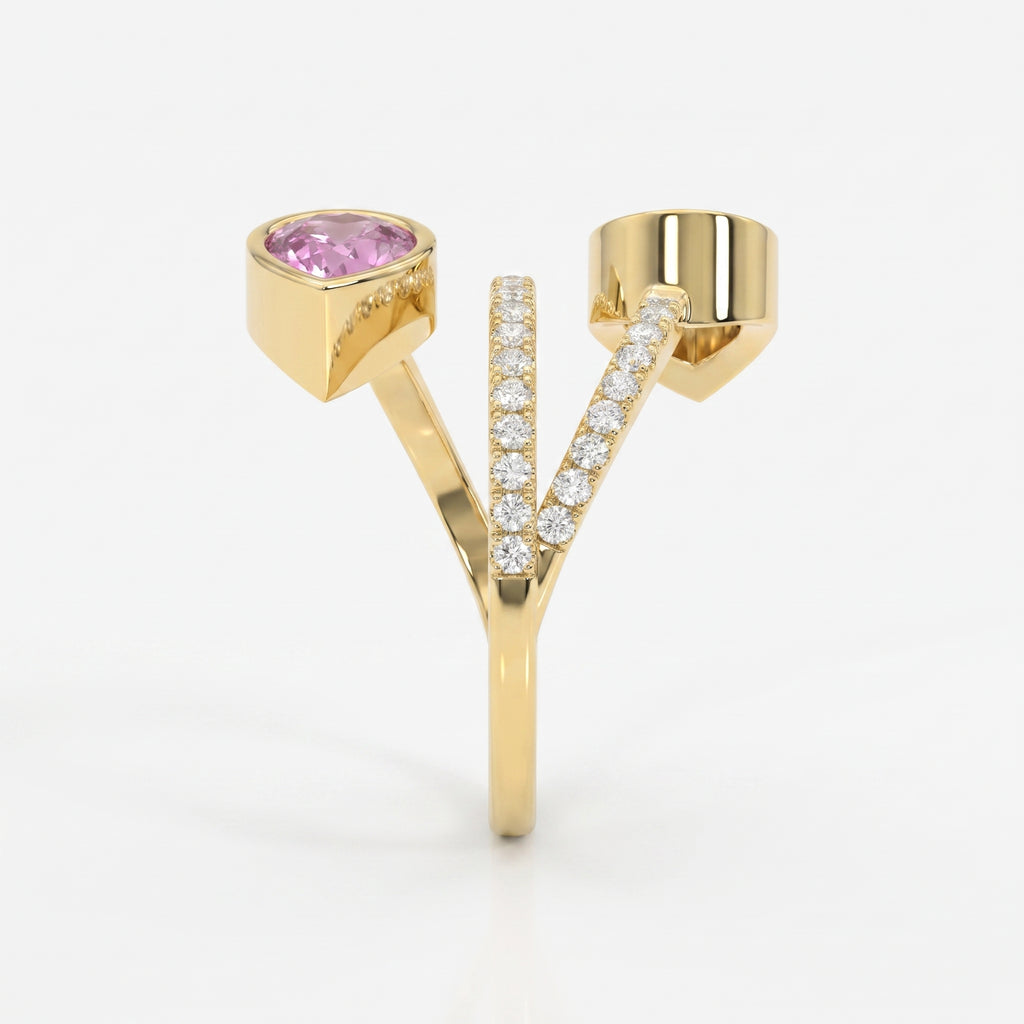 Elegant Wrap Style Dual Pear Shape Diamond Ring with Pink Gemstone