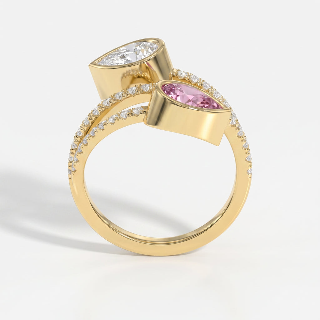 Elegant Wrap Style Dual Pear Shape Diamond Ring with Pink Gemstone