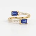 Emerald Cut Blue Sapphire Double Stone Pave Wrap Ring