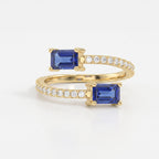 Emerald Cut Blue Sapphire Double Stone Pave Wrap Ring
