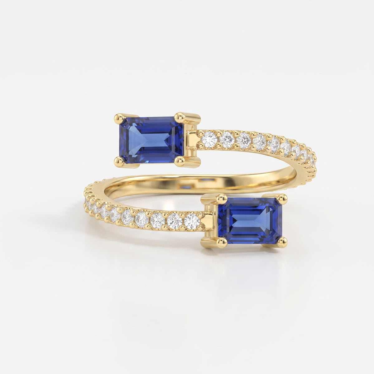 Emerald Cut Blue Sapphire Double Stone Pave Wrap Ring