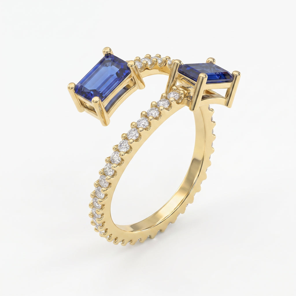 Emerald Cut Blue Sapphire Double Stone Pave Wrap Ring