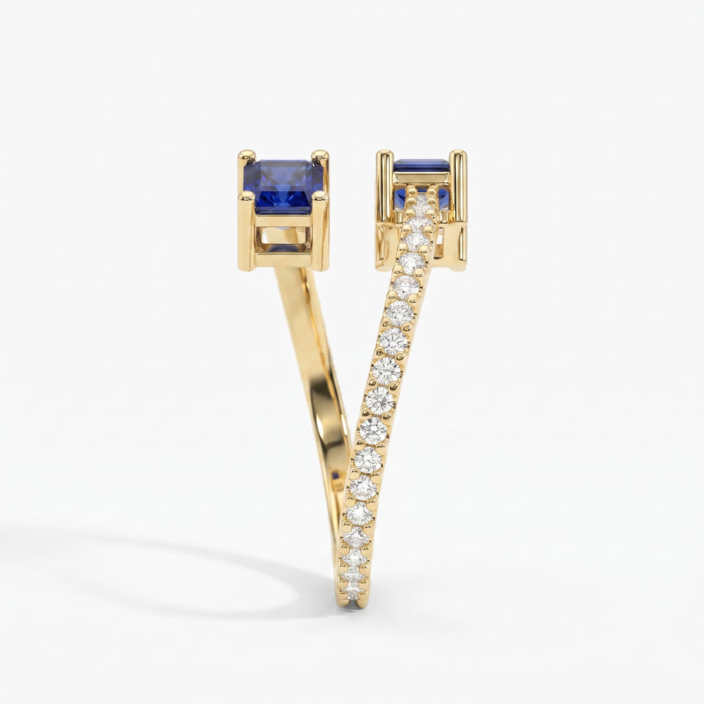 Emerald Cut Blue Sapphire Double Stone Pave Wrap Ring