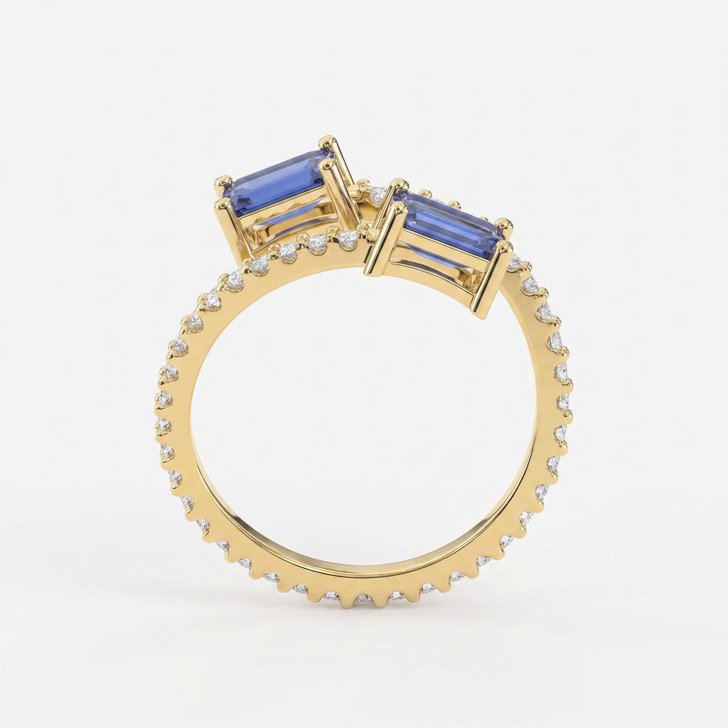Emerald Cut Blue Sapphire Double Stone Pave Wrap Ring