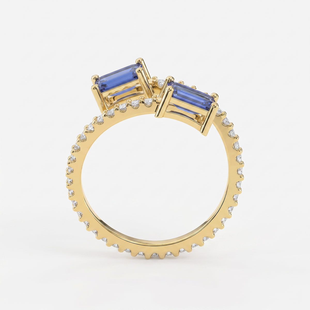 Emerald Cut Blue Sapphire Double Stone Pave Wrap Ring