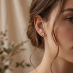 Minimalist gold floral stud earrings with sparkling crystal petals on white background for elegant everyday wear