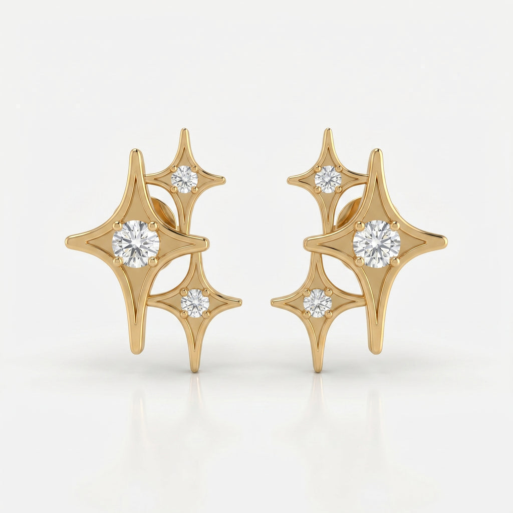 Luxury gold celestial star stud earrings with brilliant round stones on white background, minimalist fine jewelry design