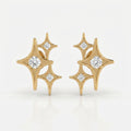 Luxury gold celestial star stud earrings with brilliant round stones on white background, minimalist fine jewelry design