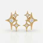 Luxury gold celestial star stud earrings with brilliant round stones on white background, minimalist fine jewelry design