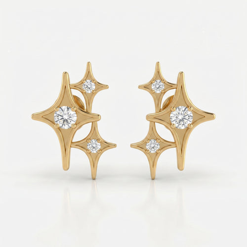 Luxury gold celestial star stud earrings with brilliant round stones on white background, minimalist fine jewelry design