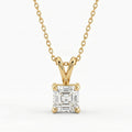Gold necklace with a diamond pendant on a white background