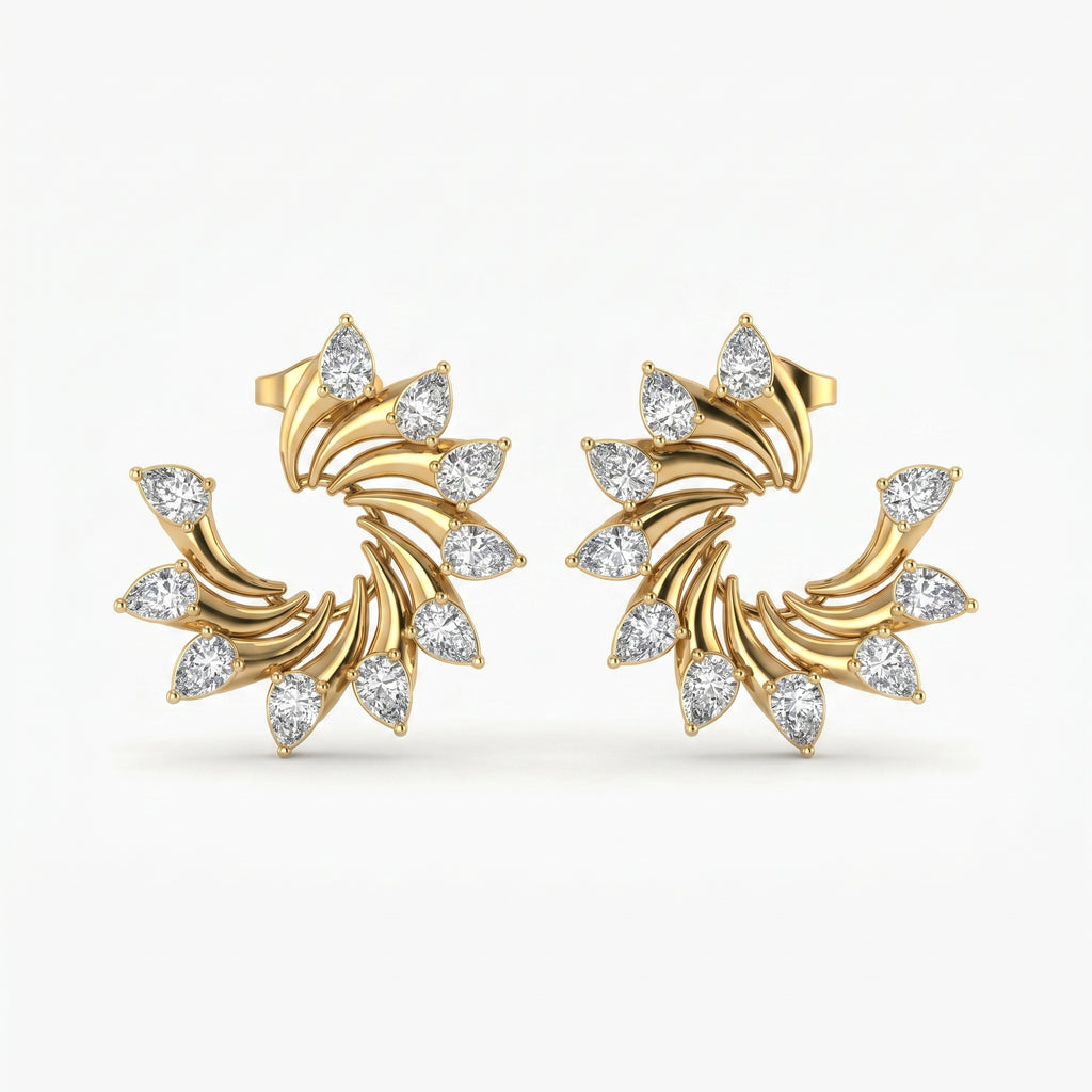 Luxury gold spiral stud earrings with pear-cut diamonds on white background, elegant bridal jewelry design