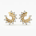 Luxury gold spiral stud earrings with pear-cut diamonds on white background, elegant bridal jewelry design