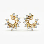 Luxury gold spiral stud earrings with pear-cut diamonds on white background, elegant bridal jewelry design