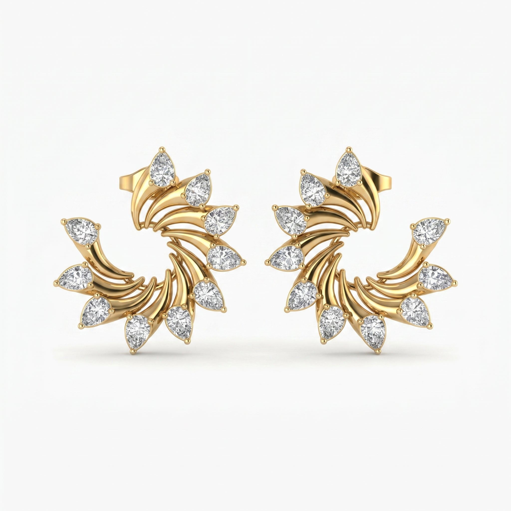Luxury gold spiral stud earrings with pear-cut diamonds on white background, elegant bridal jewelry design