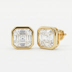 Gold earrings with emerald-cut diamonds on a white background