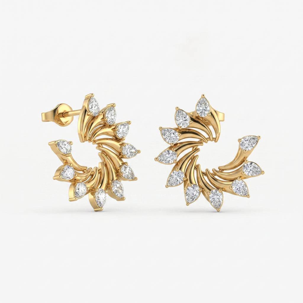 Side profile of luxury gold stud earrings showing secure prong settings and layered spiral structure