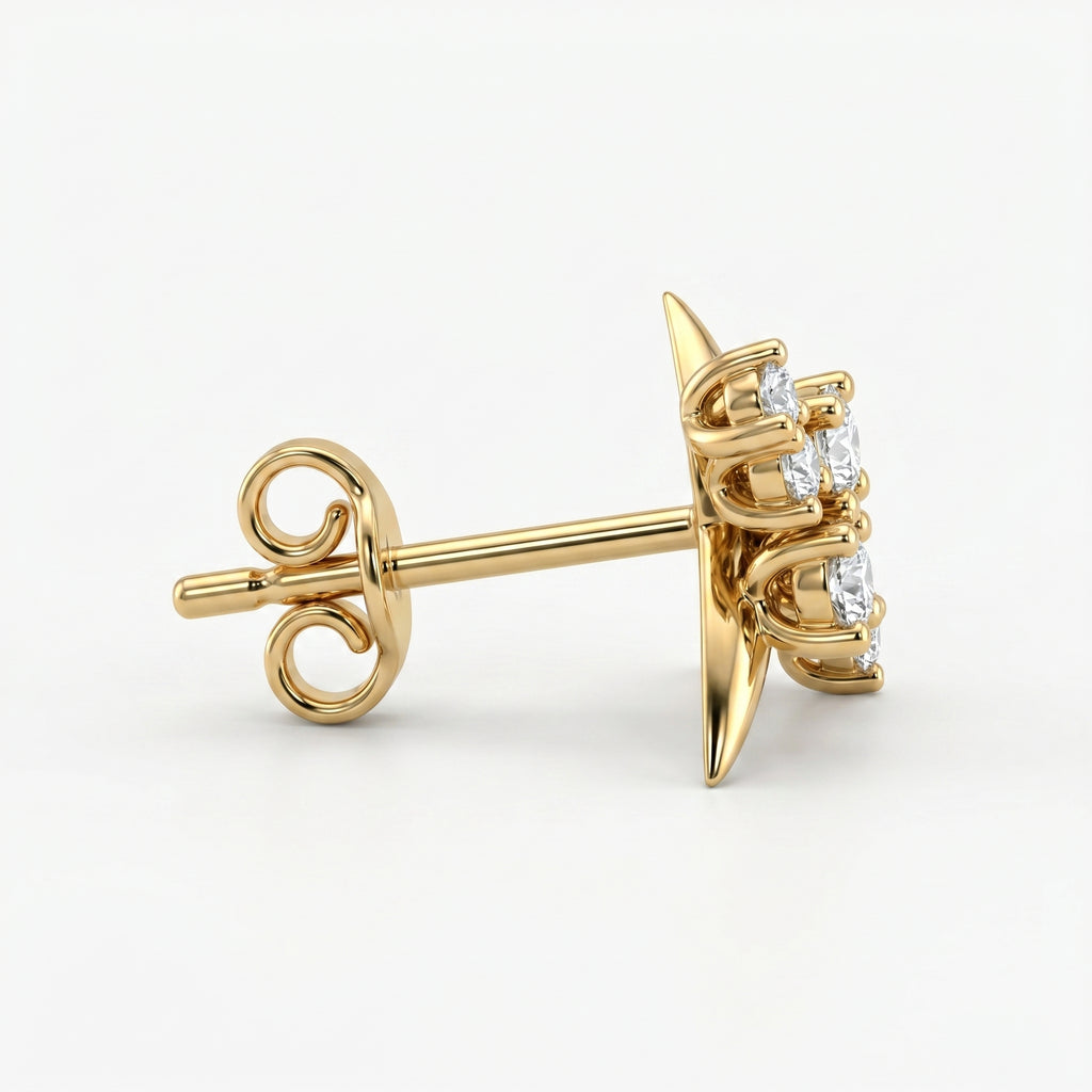 Side profile of gold diamond stud earrings showing secure prong settings and polished luxury craftsmanship