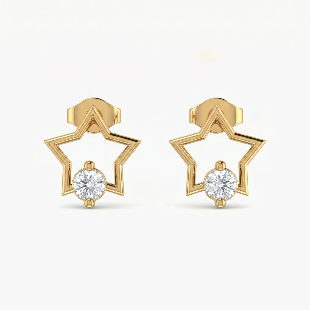 Side profile of gold star stud earrings showing secure gemstone setting and polished metal finish