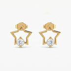 Side profile of gold star stud earrings showing secure gemstone setting and polished metal finish