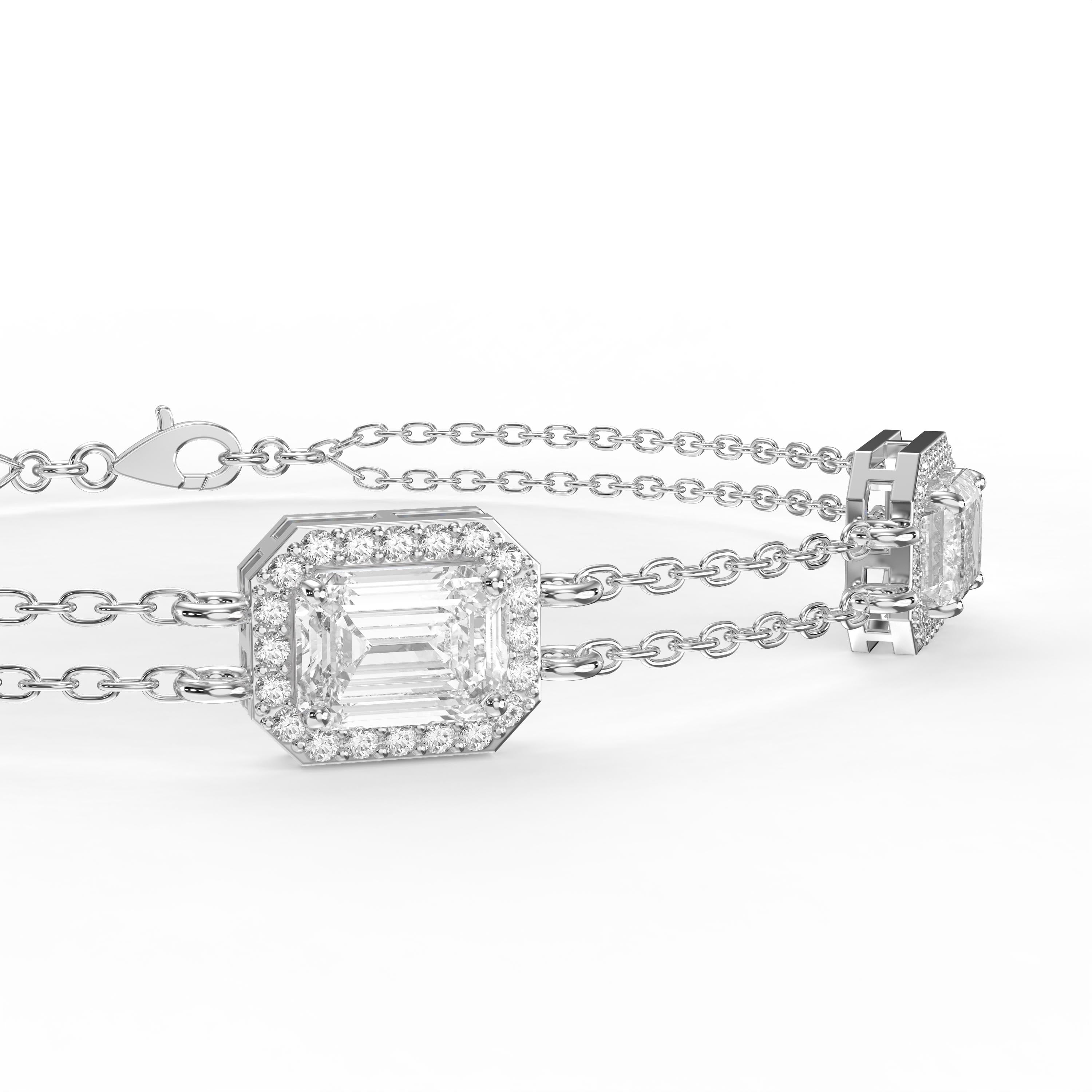 Emerald Cut Halo Diamond Double Chain Design Bracelet