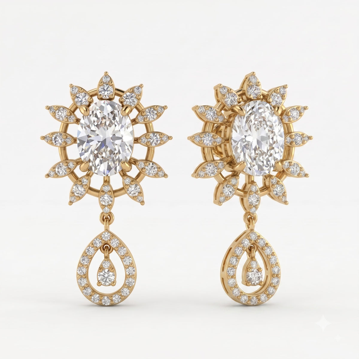 Oval Cut Diamond Sunburst Drop Earrings