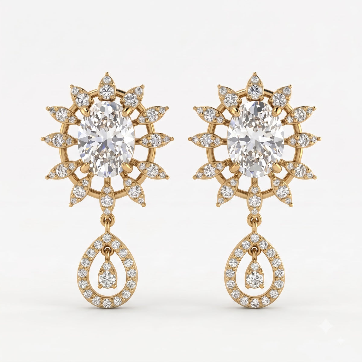 Oval Cut Diamond Sunburst Drop Earrings